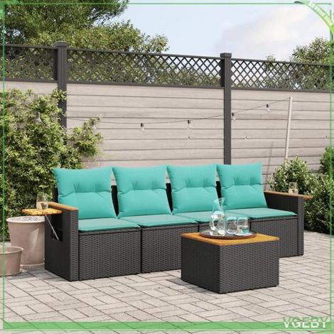 Salon de jardin - 3226617 - Résine tressée noir - Coussins déhoussables bleus - Table acacia (1/5)