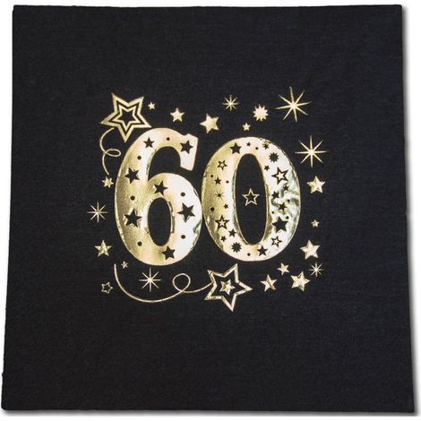 Tovaglioli per il 60° compleanno, neri e oro, 33x33 cm, 20 pezzi.