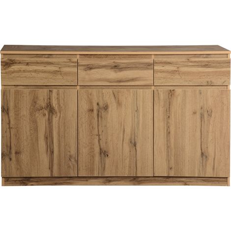 Buffet Meuble de Rangement 3 Portes 3 Tiroirs Salon Cuisine Bois Naturel 135 x 40 x 81 cm (1/5)
