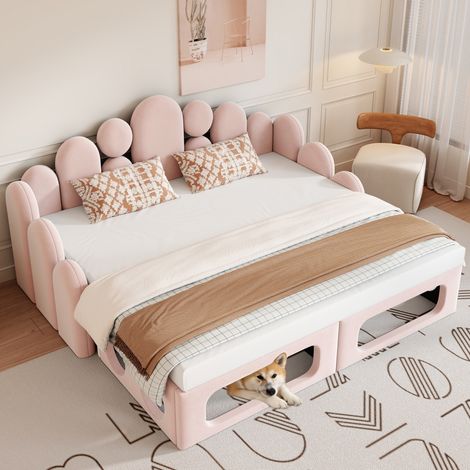 Lit gigogne rembourré avec lit pour animaux - Canapé lit modulable 2 en 1 180x200 cm en velours doux avec sommier à lattes et dossier - Rose moderne (1/5)