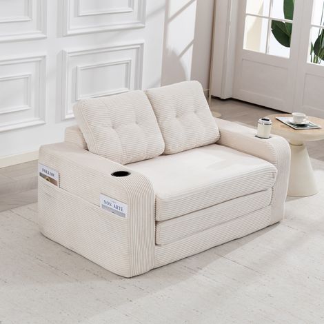 Canapé 2 places en velours côtelé avec porte-gobelets et poches latérales, pouf convertible sans cadre avec coussins matelassés - Beige (1/5)