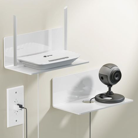 Etagere Murale sans Percage, Lot de 2 Petite Étagères 23CM, Blanc Tablette Murale Auto Adhesive, Acrylique Flottante Petite Etagere pour Salon/Chambre/Bureau/Cuisine (1/5)