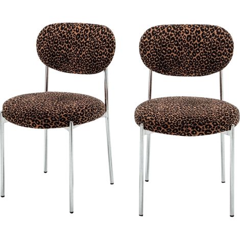 Lot de 2 chaises en tissu imprimé léopard pieds chrome - Marron - Kyoto (1/5)