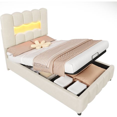 Cama tapizada 90 x 200 cm con almacenamiento hidráulico, LED multicolor y cabecero regulable, en terciopelo beige, sin colchón, ideal para dormitorio - CHICFURN (1/5)