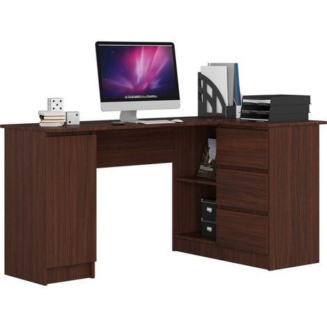 Akord – Bureau d'angle 155 cm wengé – 3 tiroirs et 4 étagères – Résistant à l'abrasion – Entretien facile – Dimensions compactes 155x85x77 cm (1/5)