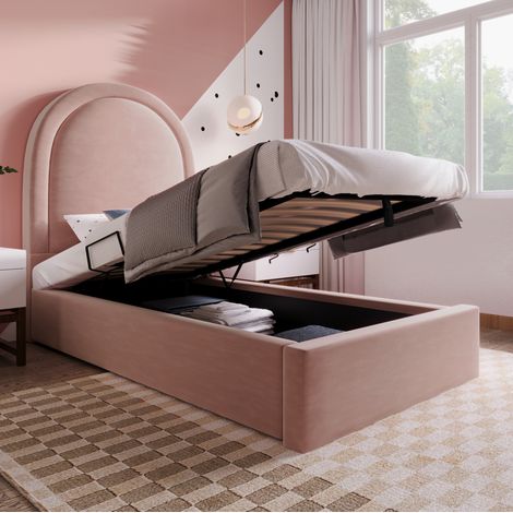 MEUBLIV Cama 90x200 cm rosa de terciopelo – con arcón y colchón (1/5)