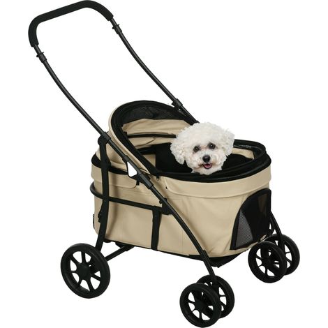 Poussette pliante pour chien, 2 sangles de sécurité, coussin et cadre en acier kaki