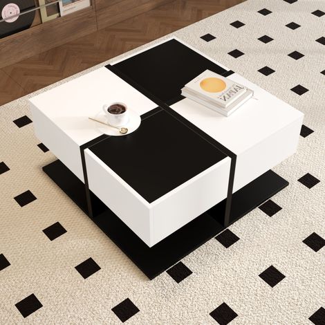 Tavolino da salotto in truciolare nero e bianco 70 cm quadrato con 2 cassetti (1/5)