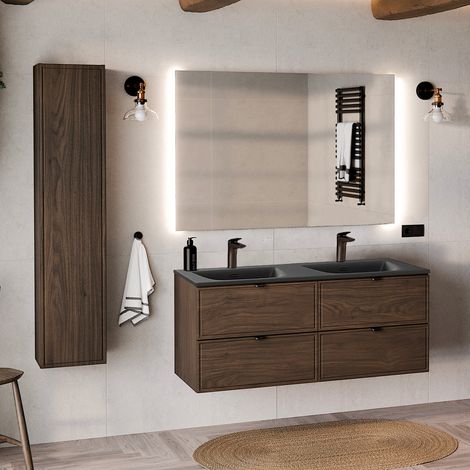 Conjunto de lavabo doble encastrado de 120 cm y mueble alto Elias de madera oscura - Lavabo negro (1/4)