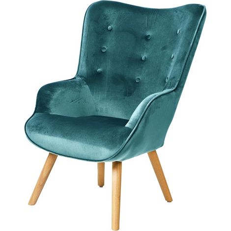 Poltrona da salotto in velluto blu petrolio con piedi in legno collezione ENJOY. Stile scandinavo.