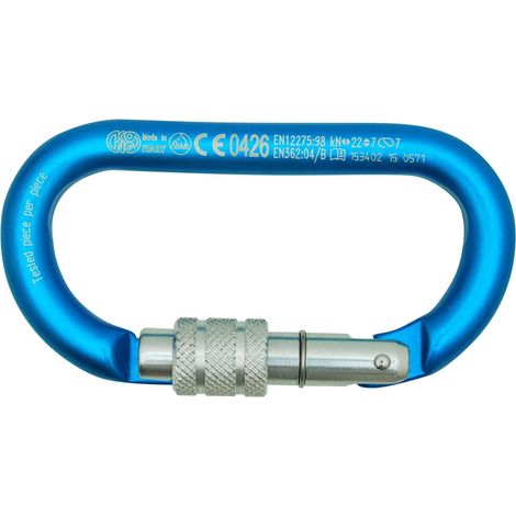 Kong. Oval Alu Classic Screw Sleeve. Moschettone in Alluminio con Ghiera a Vite. Compatibile con Bloccanti e Carrucole. Keylock Anti-Impiglio. Certificato EN 362/B, 12275/B. Peso 65g. Turchese/Lucido