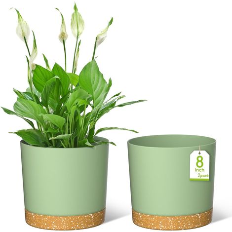 Lot de 2 pots de fleurs modernes en plastique avec trous de drainage et soucoupe amovible, pour maison, jardin, rebord de fenêtre, 20 cm, vert (1/5)