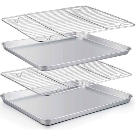 Plaque de cuisson carrée avec grille de refroidissement [2 plaques de cuisson + 2 grilles], acier inoxydable 430, facile à nettoyer, compatible lave-vaisselle, idéale pour la cuisson, plaques + grille (1/5)