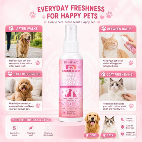 KineShineX Pet Body Care Spray eignet sich zur täglichen Reinigung, Desodorierung, Erfrischung und Beruhigung des Fells von Hunden und Katzen. (1/4)