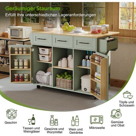 Desserte/buffet de salle à manger 139 x 46 (71) x 91,5 cm, structure verte + plateau imitation bois, plateau rabattable, porte de rangement, roulettes, pieds en bois massif remplaçables, convient pour (1/4)