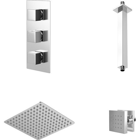 Cubix Polished Chrome Triple Thermostatic Shower Valve and 300mm Thin Square Fixed Head with Ceiling Arm and 4 Square Body Jets - 2 Outlet (1/5)