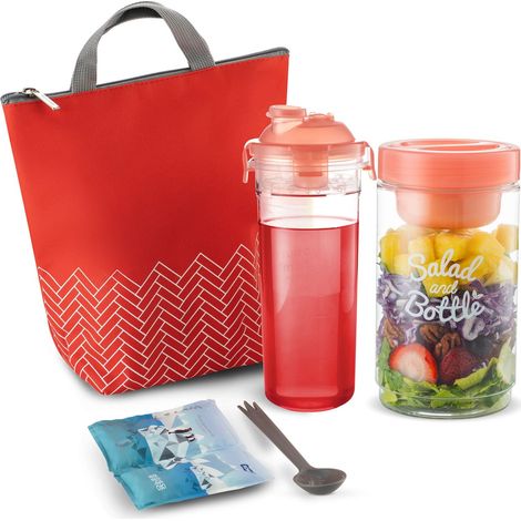 Ensemble boîte à lunch isotherme mignon et imperméable, petit sac à lunch, récipient à salade réutilisable de 975 ml, bouteille d'eau assortie de 590 ml, couverts et bloc réfrigérant, rouge (1/5)