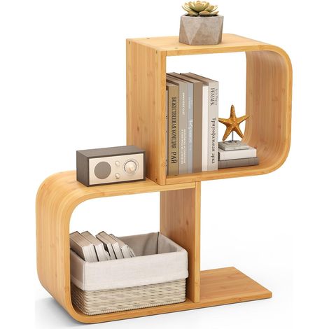 GOPLUS Bibliothèque Géométrique en Bambou en Forme de 'S' à 2 Niveaux avec Cubes Ouverts-Kits Anti-Basculement-61x23x66,5CM (1/5)