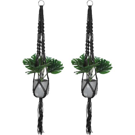 Suspendus Macramé Porte-Plantes Intérieurs, Lot de 2 Étagères Suspendues avec Base en Bois Robuste pour Décoration Intérieure Murale, Plafond, Fenêtre, Noir (1/5)