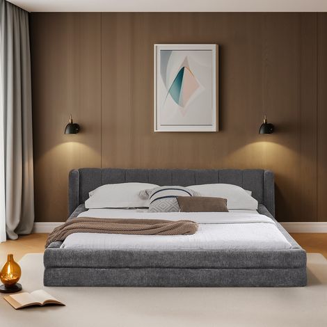Lit double minimaliste 140x200 cm en chenille gris foncé avec tête de lit ergonomique rembourrée (1/5)