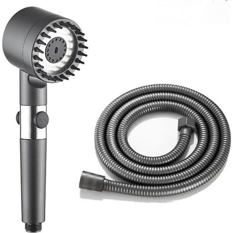Cabezal de ducha portátil con manguera plateada de 1,5 metros y 3 modos de pulverización para ducharse y enjuagarse (gris, 1 unidad). (1/5)