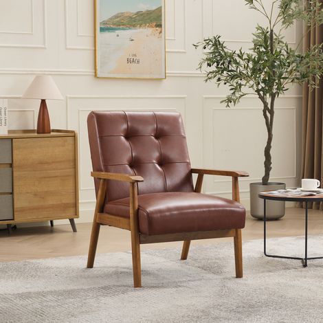 Fauteuil lounge en cuir marron, structure en bois, dossier à coutures décoratives, charge 150 kg, 68 x 57 x 44 cm, pour salon ou bureau – de FLORAGRACE (1/5)