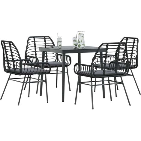Ensemble à manger de jardin et coussins 5 pcs-Salon de jardin-Ensemble repas d'extérieur noir rotin verre 445659 (1/5)