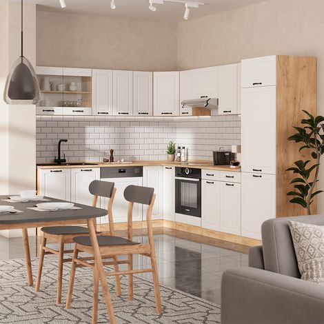 Cocina esquinera R-Line, Casa de campo blanca/roble dorado, 227 x 287 cm , ET Roble, Vicco