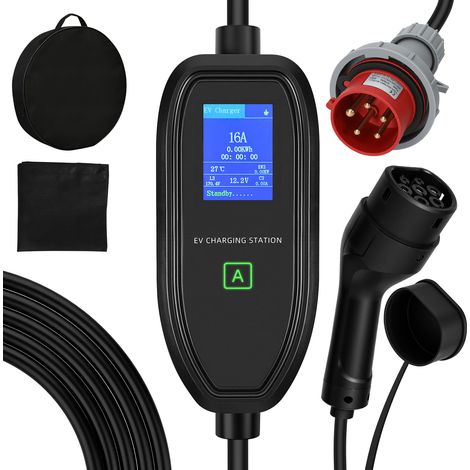 Jiubiaz Caricatore auto elettrica Tipo 2 11 kW 400 V, 6–16 A, cavo 7 m, spina CEE trifase, IP65, timer e adattatore Schuko per EV (1/5)