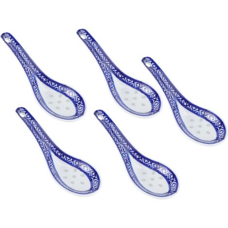 Lot de 5 cuillères en céramique multifonctions de style chinois, idéales pour la soupe, la bouillie ou le porridge, à utiliser à la maison ou au restaurant.-13.54.5CM