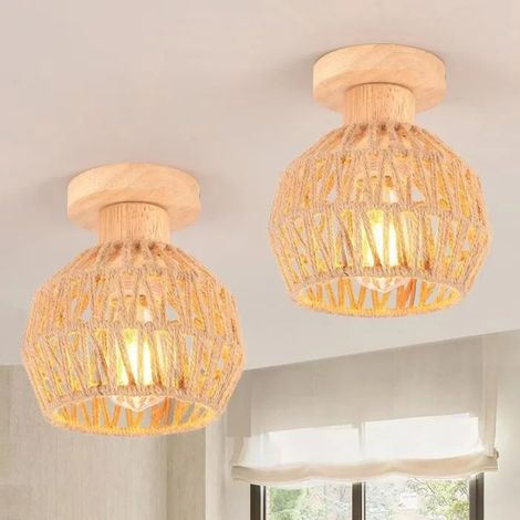 Lot de 2 Rétro Plafonnier en Corde de Chanvre Lustre Plafonnier Industriel Abat-jour Cage Vintage pour Salon Chambre,16cm (1/5)