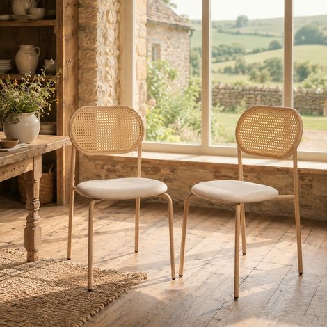 Lot de 2 Chaises de Salle à Manger en Rotin, Chaises Vintage avec Dossier en Rotin Tressé, Siège Rembourré Doux, Pieds Réglables, Chaise Cuisine Beige Style Naturel (1/5)