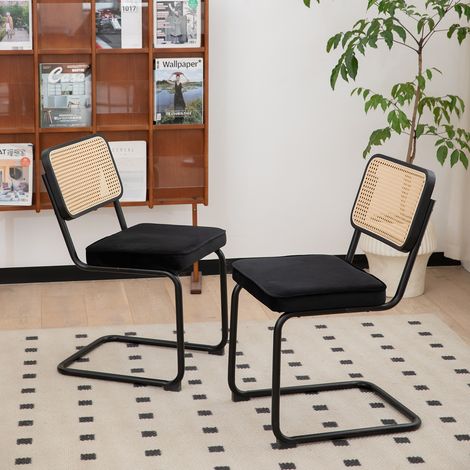 Lot de 2 chaises de salle à manger style mid-century, dossier en rotin, assise en velours, pieds chrome noir
