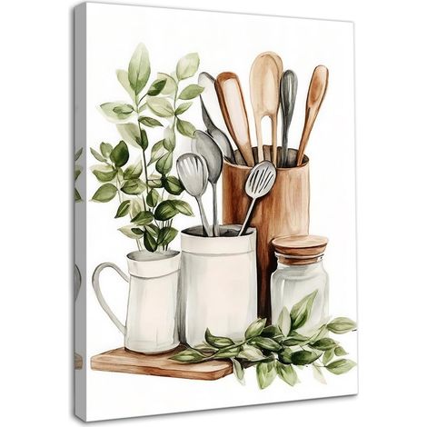Encadré Décoration Murale de Cuisine Botanique Aquarelle, Affiche de Feuilles d'Eucalyptus et Ustensiles pour Cuisine (1/5)