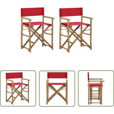 The Living Store Chaises pliables de directeur lot de 2 Rouge Bambou et tissu - Chaise De Jardin - Chaise Pliante - Mobilier De Jardin - Chaises En Bambou - Chaise Extérieure (1/5)