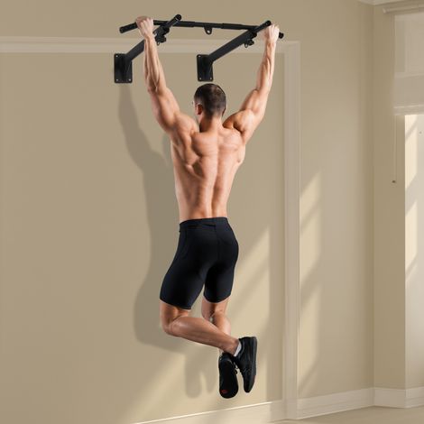 Klimmzugstange zur Wandmontage oder Deckenmontage bis 150 kg belastbar, Multifunktionale Pull Up Bar mit rutschfest Griffe, Ösen sicher stabil Klimmzug Stange für Fitness Zuhause, Stahl Schwarz