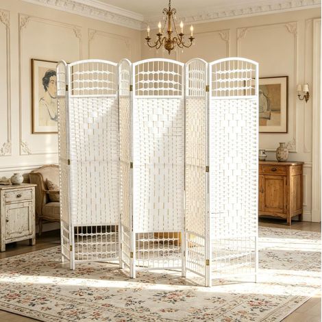 Paravent intérieur pliable 6 panneaux 242 x 170 cm en papier et bois blanc OKWISH (1/5)