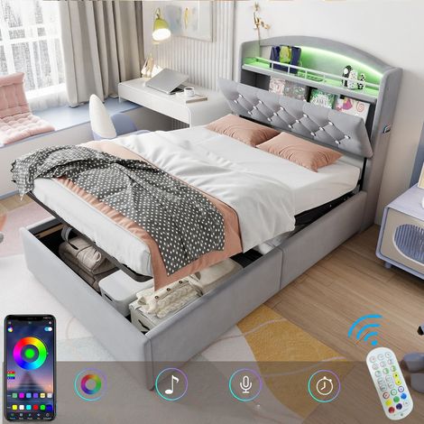 Lit enfant 90x200 cm avec LED et USB, Lit Coffre 9x200 avec tête de lit, Rangements, Tiroirs et étagères, Lit avec sommier à lattes, velours – Grey (1/5)