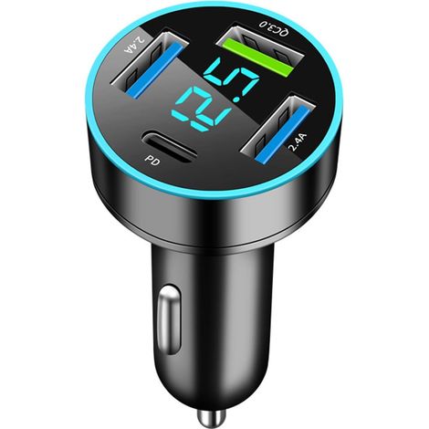 USB Car Charger, 4-Port Fast USB-C Car Charger, 50W QC3.0 & PD Car Charger Adapter Plug, Fast Charging Car Charger with LED Voltmeter, for iPads, Galaxy Phones (1/5)