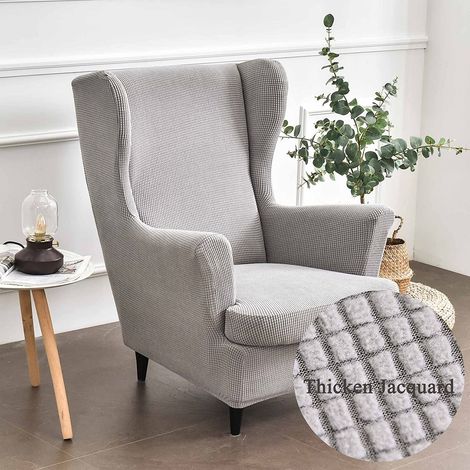 2-teiliger Stretch-Ohrensesselbezug mit T-förmigem Kissenbezug, einfarbig, Jacquard-gemustert, verdickt, rutschfest, Grau