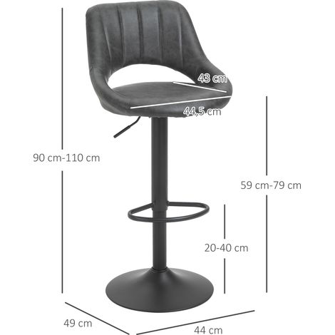 Lot de 2 Tabourets de Bar Pivotants, Réglables en Hauteur avec Repose-pieds, Similicuir et Structure Métal, 44 x 49 x 90-110 cm, Gris (1/4)