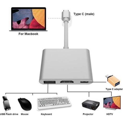 DEMKICO Adaptateur USB C vers HDMI 4K, Adaptateur Type C Hub vers HDMI câble avec Port USB 3.0, Port de Chargement PD Type-C (1/4)