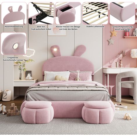 Lit coffre hydraulique double avec tête de lit oreilles de lapin, liseuse LED à intensité variable, rangement intégré sous le sommier, deux poufs en velours rose, 140x200 cm. (1/5)