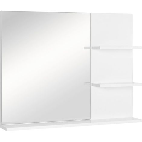 Badezimmerspiegel mit Ablagen – 2 seitliche Ablagen + große untere Ablage – Montageset inklusive – Weißes MDF (1/5)