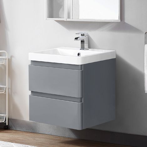 600mm Wall Hung 2 Drawer Vanity Unit Basin Storage Bathroom Furniture Gloss Grey (1/5)
