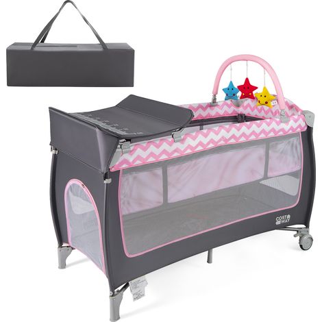 COSTWAY 4 in 1 Infant Nursery Center Folding Baby Playard w/ Toy Bar Pink (1/5)