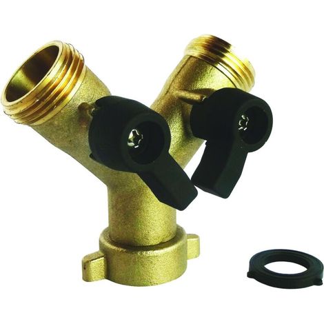 Raccord laiton 2 voies en Y avec vannes 1/4 tour MF 20/27 pour tuyau d'alimentation (1/4)