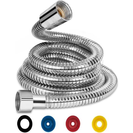 Flexible Douche Universel 3M/118IN Flexible de Douche Argent Tuyau de Douche en Acier Inoxydable Raccord Fileté Universel G1/2" Flexible Douchette avec 4 Limiteur de Débit d'eau(connecteur en laiton) (1/5)