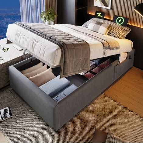 Cama con almacenaje 90/200 cm gris de lino y algodón con carga USB-C (1/5)