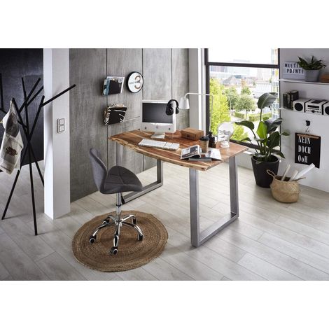 Baumkante Schreibtisch massiv Akazie natur 160x85 silber PALMA (1/4)